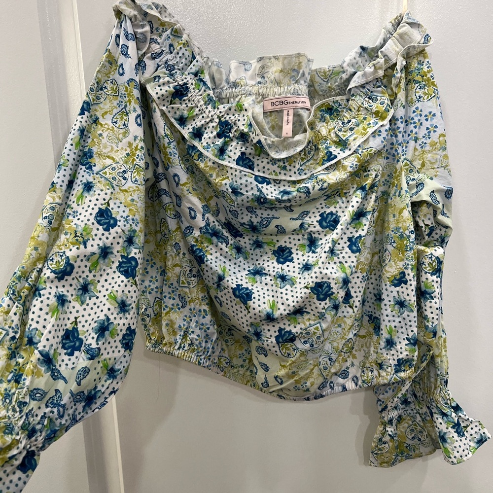 BCBGMAXAZRIA Floral Off-Shoulder Top - Blue and Green